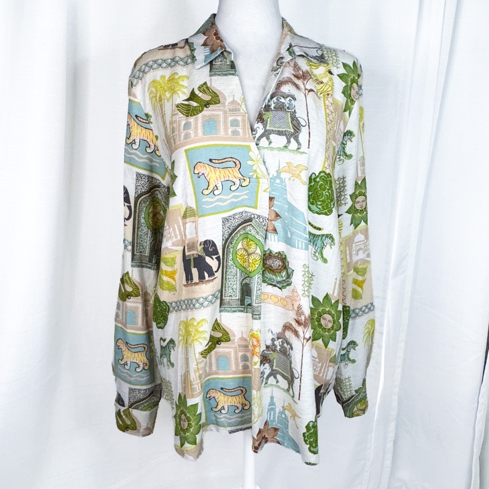 Jane + Delancey Shirt Women L India Tiger Elephant Linen Blend Button Up Boho